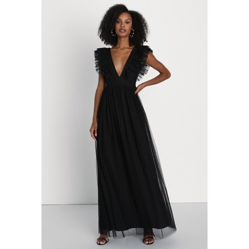Lulus- Size Small- Black Mesh Ruffled Backless Maxi Dress